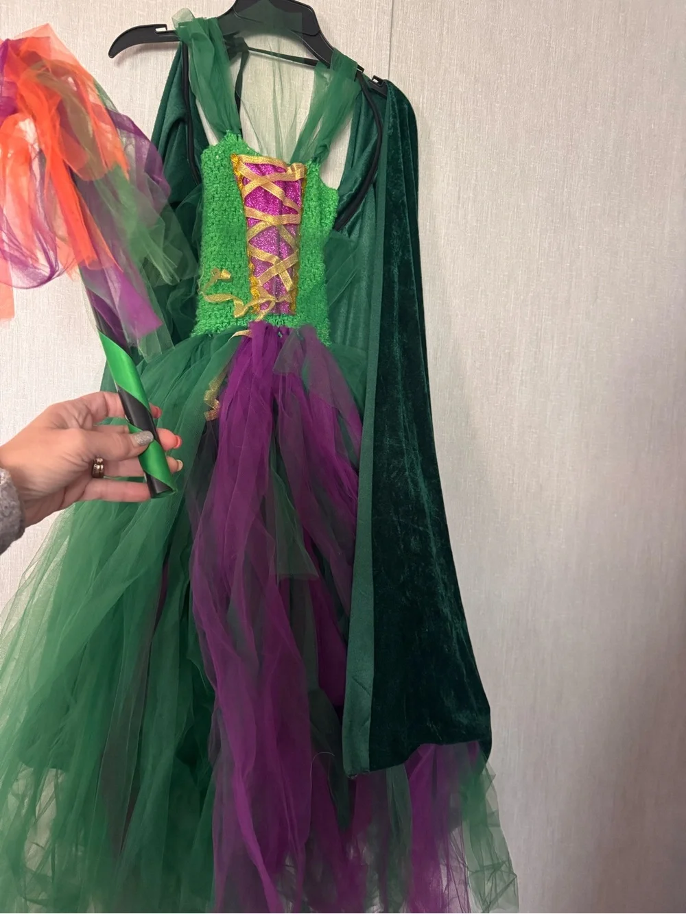 Kids Green & Purple Witch Costume with Cape & Wand